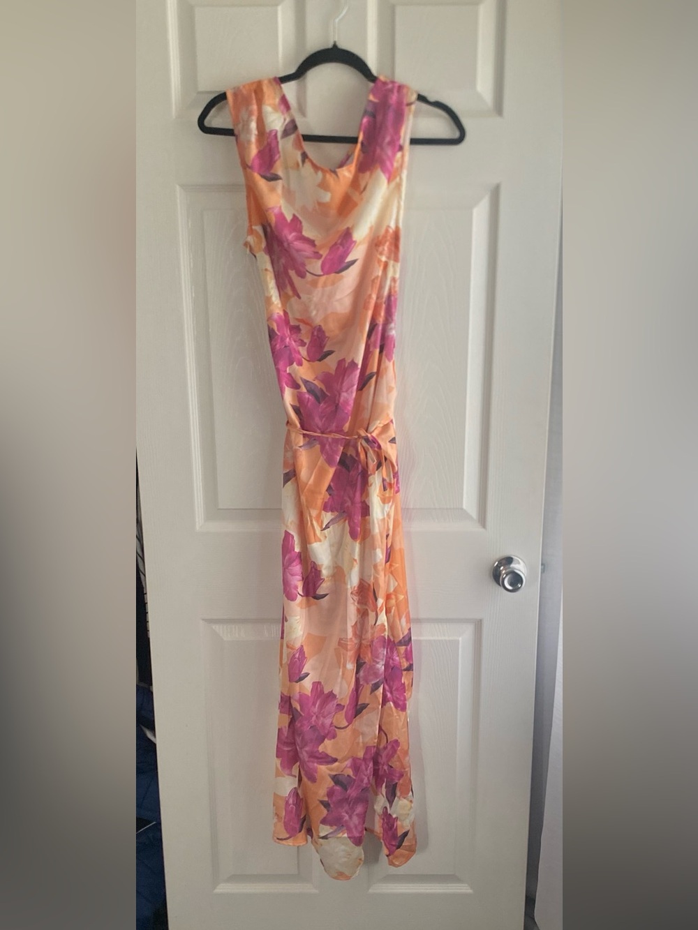 Hello Molly Peach and Pink Floral Vacation Midi Dress with Tie Waist